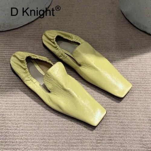 2020 New Retro Yellow Flat Loafer Shoes Women British Style Square Toe Leather Slip On Lady Ballet Flat Shoes Simple Women Flats