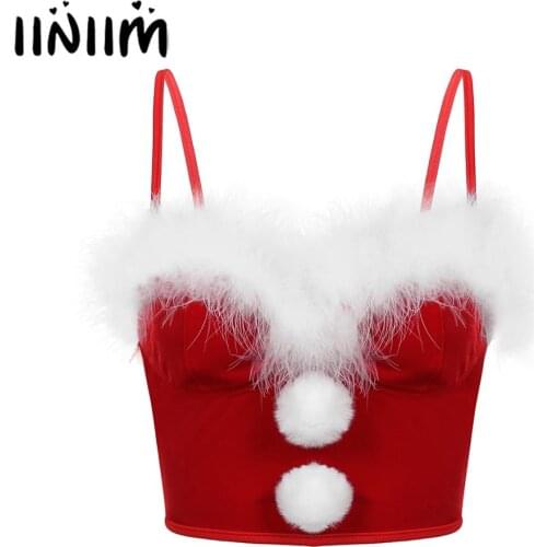 Womens Lady Spaghetti Strap Bustier Underwired Bra Crop Top Faux Fur Trimming Fuzzy Ball Decor Flannel Corset Christmas Costume
