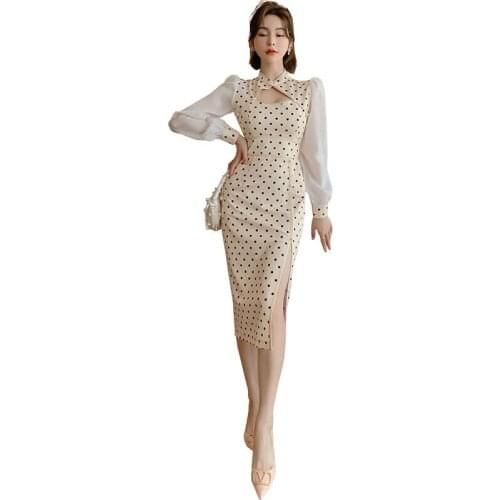 2020 New Autumn Winter Hot Hit Qipao Clothe for Women Patchwork Long Sleeve Split Wrap Bodycon Sexy Polka Dot Dresses Ladies