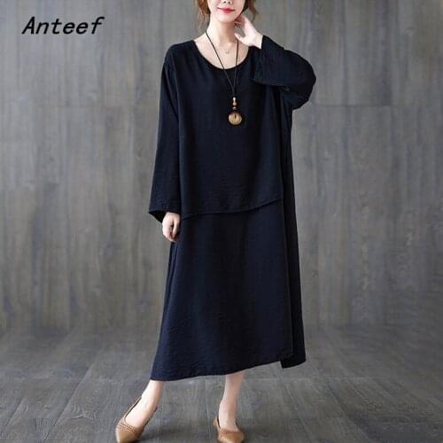 Anteef long sleeve cotton oversized vintage dresses for women casual loose spring autumn dress elegant clothing 2021