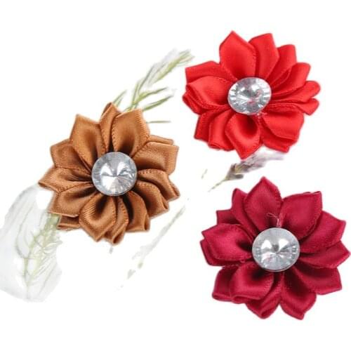 10Pcs/lot Multi Colors Handmade Small Fabric Satin Flowers with Rhinestone Appliques Sewing Wedding Garment Accessories Flowers