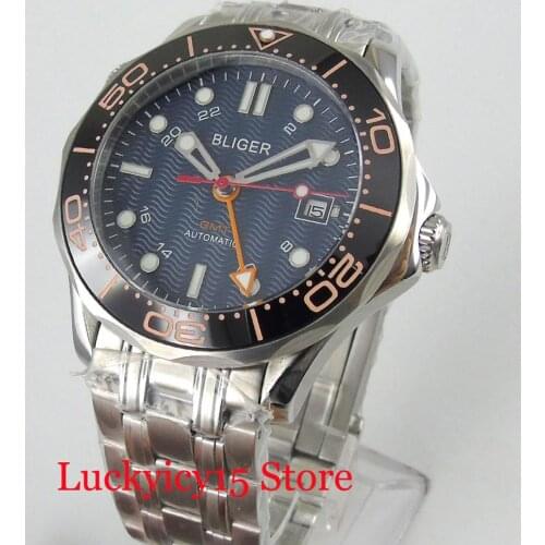 BLIGER Brand Sapphire Glass 41mm Round Self Winding Men Watch Mental Strap GMT Date Function Rotating Bezel