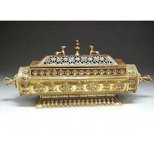 Elaborate Chinese Tibet elongated aureate brass box statue incense burner