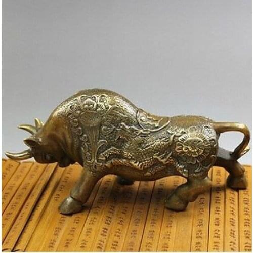 Chinese Old NICE Wall Street Chieese BRASS Kylin Bull OX Statue Figure 8"L decoration brass factory outlets
