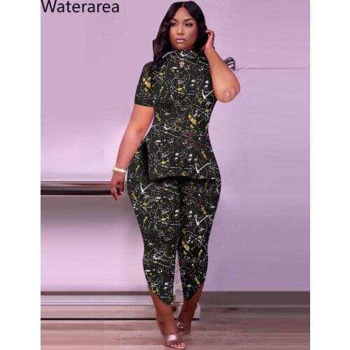 Waterarea Fashion Women Set Turtleneck 2 Piece Outfits Set Casual Short Sleeve Print Loose Pants Plus Size Suit
