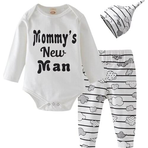 3Pcs Newborn Infant Baby Boys Clothes Set Long Sleeve Mommys New Man Print Romper Tops+Cloud Pants+Hat Toddler Outfits Suit