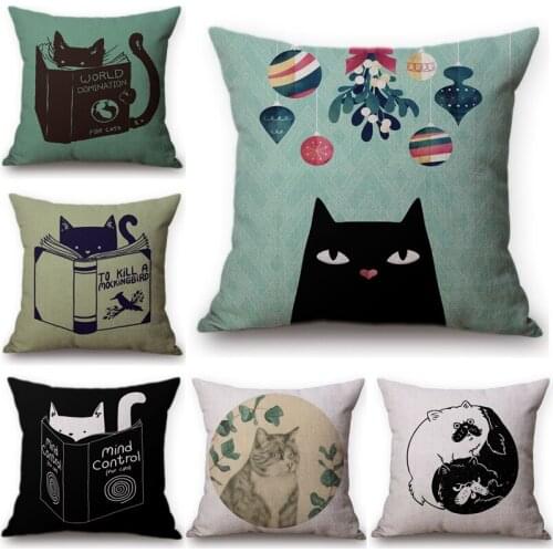 Lovely Cartoon Cat Happy Reading Animal Decorative Cushion Cover Throw Pillow Case Cotton Linen Fabric Home Decor Sofa Car Seat