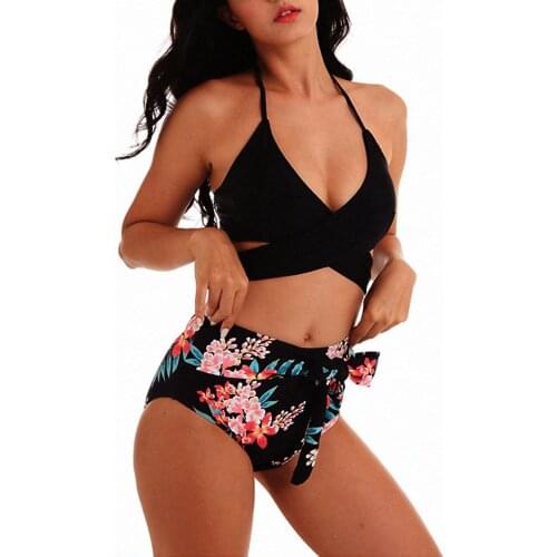 Fashion Women Swimsuit Flora Print High Waist Solid Black Push Up Bikini Sets 2021 Swimwear Female Bathing Suit Flower 2 Pieces