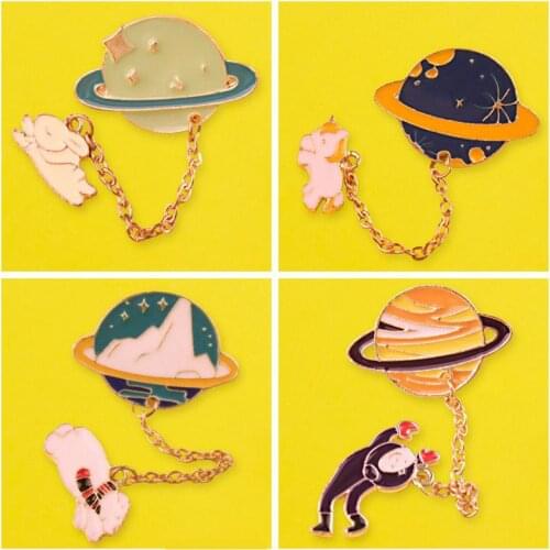 Cartoon Icons For Clothes Planet Chain Animals Metal Badges Brooch Enamel Pins For Backpack Lapel Pin Bag Badge Paired Jewelry