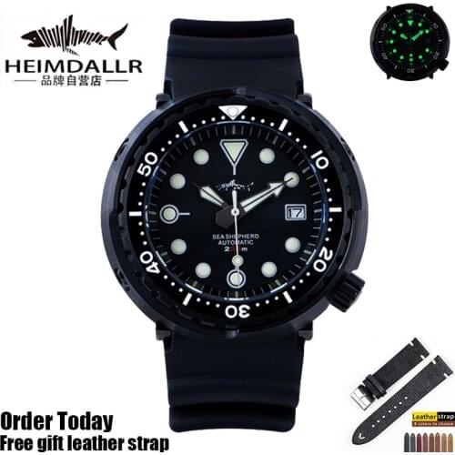 HEIMDALLR Mens Tuna Dive Watch Sapphire 47mm Black PVD 200M Water Resistance Japan NH35A Automatic Movement Mechanical Watches