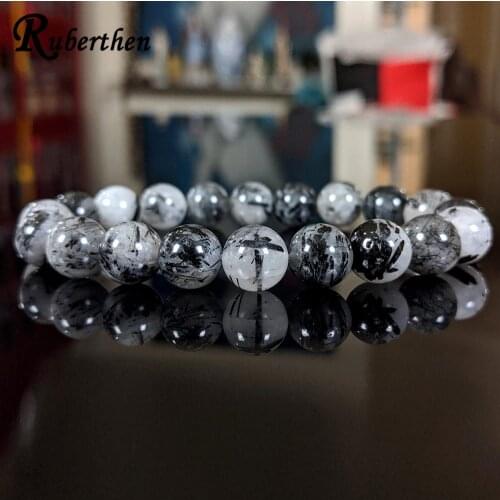 Ruberthen Men`s Natural 10 MM Black Tourmaline Rutilated Quart z Bracelet High Quality Beaded Energy Bracelet