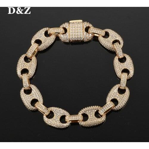 D&Z Solid Back 12mm Coffee Beans Cuban Link Bracelet Mens Hip Hop Fashion Jewelry Iced Out Zircon Gold Color Rock Jewelry