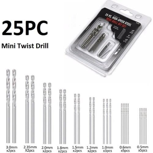 25 PCS HSS Mini Drill Bits Set 0.5mm~3mm Small Fully Polished Straight Shank Twist Drill for Wood and Metal Drilling