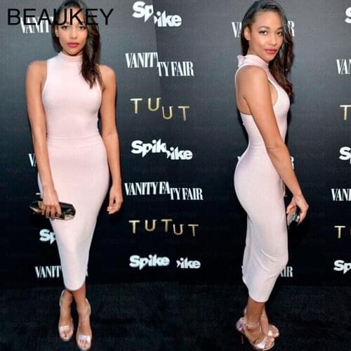Light Pink Rayon High Neck Sleeveless Mid Calf 2016 New Fashion Bodycon Midi Bandage Dress