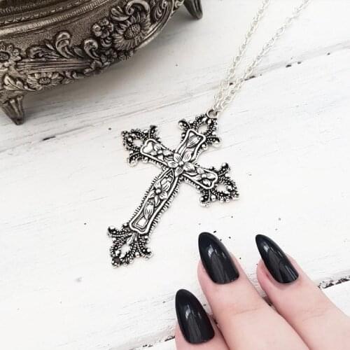 Large Detailed Floral Cross Pendant Necklace Classical Tone Goth Punk Gothic Jewellery Fashion Statement Men Women Gift Steam