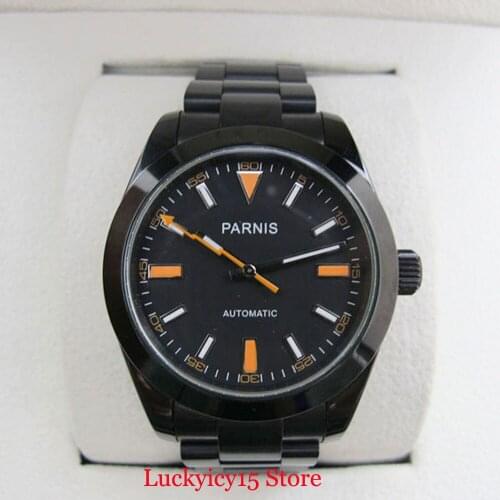 PARNIS High Quality Black 40mm Mechanical Mens Watch Sapphire Glass Stainless Steel Bracelet
