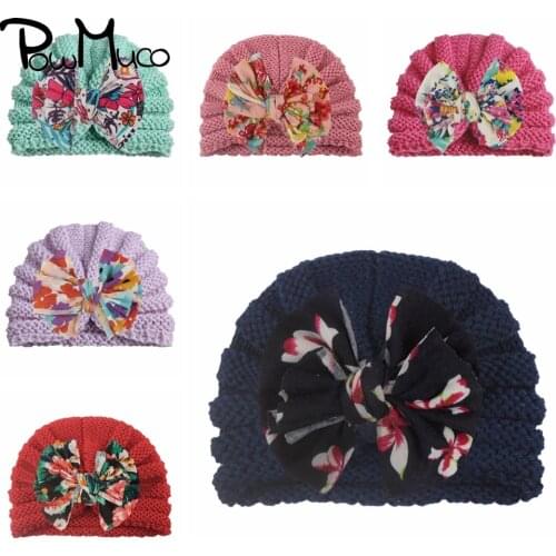 Powmuco Infant Comfortable Warm Knitting Wool Caps Cute Print Bowknot Baby Girls Beanie Hats Clothing Decoration Holiday Gifts