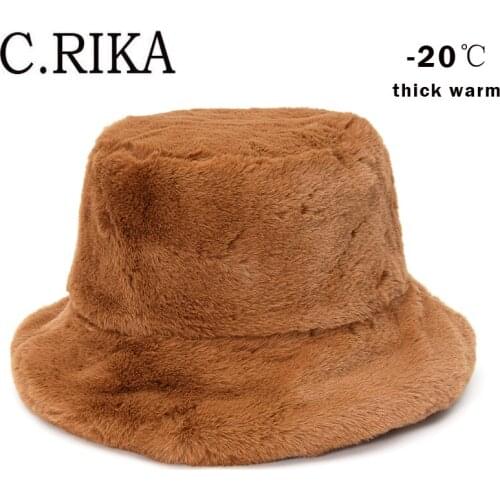 Autumn Winter Faux Fur Fluffy Bucket Hat Women Outdoor Thick Warm Fisherman Hat Panama Girl Fashion Solid Velvet Vacation Cap