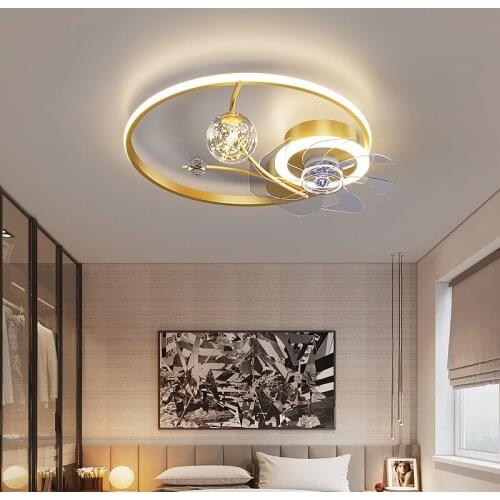 Modern Fashion Ceiling Fan Iron Glass Gold Mini Smart and Silent Lighting 110v 220 Volt Bedroom Childrens Room Fans for Home