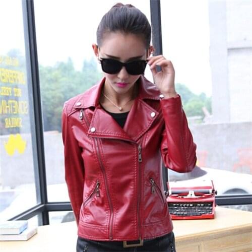 Spring autumn Street Womens Short Washed PU Leather Jacket Zipper Bright Colors Ladies Basic Jackets Slim Fit Women Coats