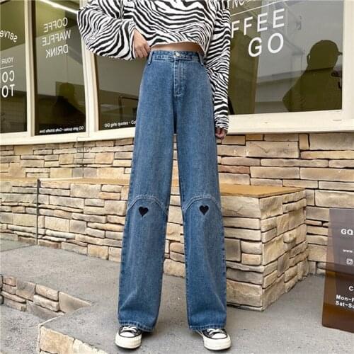 SLPBELY Vintage Women Jeans Summer Retro Hight Waist Heart Printed Wide Leg Jeans Harajuku Denim Long Pants Trouser Streetwear