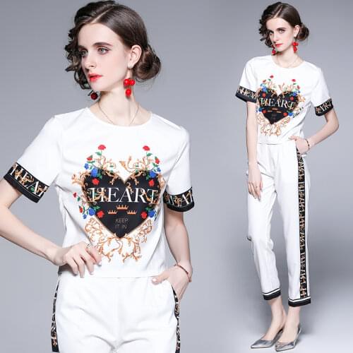 Dropship Summer Runway 2 Piece Womens Sets Retro Vintage Floral Print Crew Neck Short Sleeve Top Shirt Blouse Pant Suits Outfits