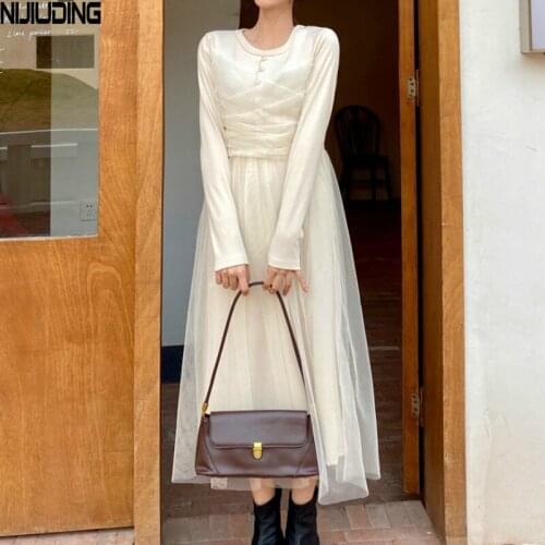 Womens Mesh Patchwork Knitting Dress 2020 New Autumn Winter Solid O-Neck Full Sleeve Sweater Bottoming Dresses Female Vestidos