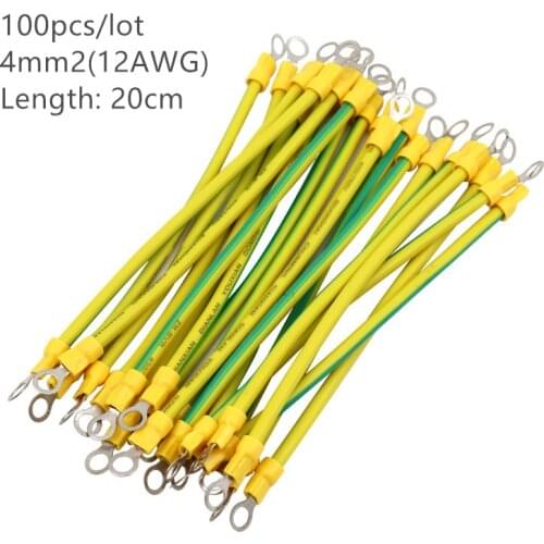 100pcs 20cm Length 12 AWG 4mm2 BVR Yellow-Green Solar Grounding Wire with Terminals Copper PV Cabinet Bridge Leakage Earth Cable
