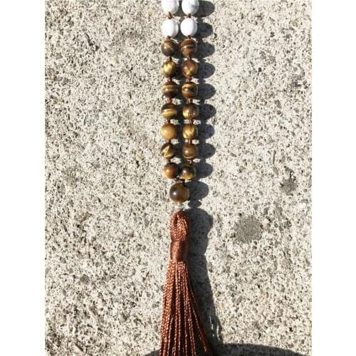 108 Mala Beads Prayer Tassel Necklace Knotted Necklace Buddha Jewelry White Howlite and Yellow Tiger Eye Necklaces Yoga Necklace