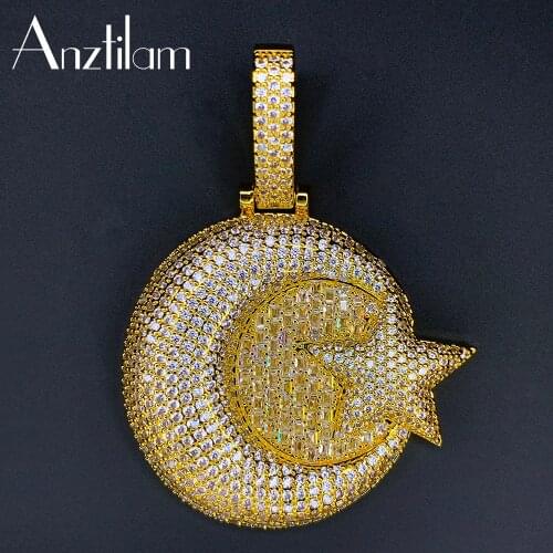 Anztilam Hip Hop Bigger Iced Out Star Moon Pendant Street Necklace Copper Plated Charm Bling Cubic Zircon Mens Rock Jewelry