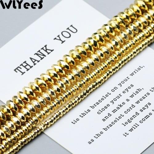 WLYeeS plating 18 Gold Hematite beads 3 4 6 8 10mm Flat round Spacer loose beads natural stone for Jewelry Bracelet Making DIY