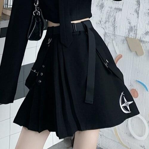 Zoki Black Pleated Skirt Women Print Pattern High Waist Slim Belt A Line Skirt Street Girl Gothic Style Plus Size Fashion New