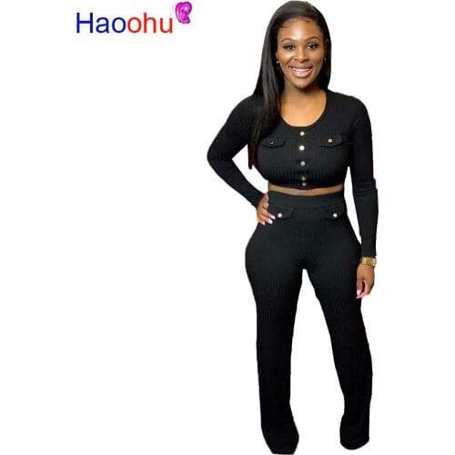 HAOOHU Sexy Rib Knitted Two Piece Set Fall Clothes Club Outfits Long Sleeve Crop Top and Pants 2 Piece Matching Sets for Women