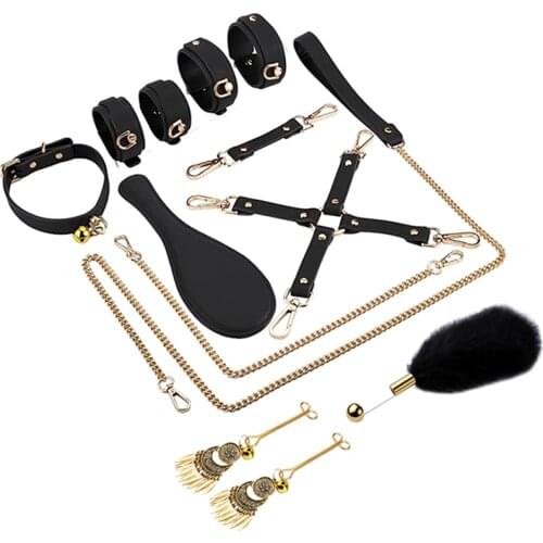 Adult Games For Couples Sex Toys For Woman Men Hand Cuffs Leather With Plush Whip Spanking Metal Chain Rope BDSM Bondage Set