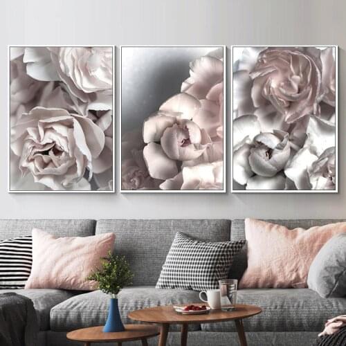 Nordic Small Fresh Pink White Flower Living Room Decoration Painting Home Decor Hotel Triple Art Peony Flower Picture Poster