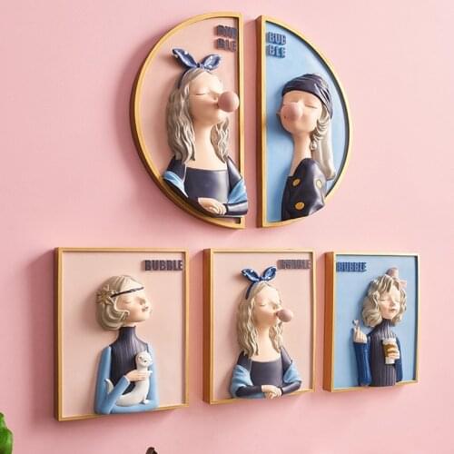 Nordic Cute Resin Girl Painting Wall Mural Crafts Club Restaurant Wall Hanging Decoration Home Livingroom Wall Sticker Ornaments