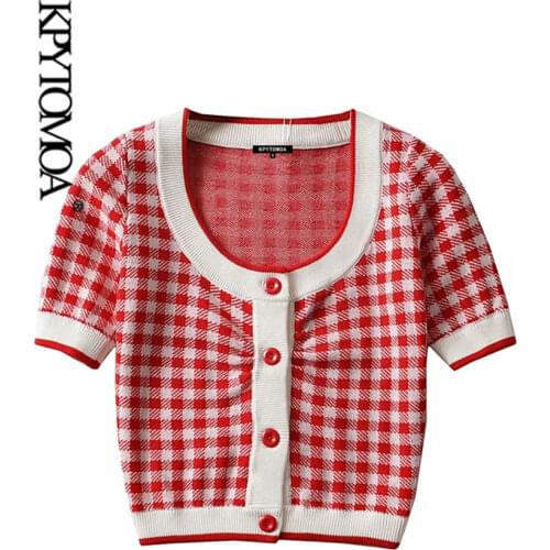 KPYTOMOA Women 2021 Fashion Pleat Check Cropped Knit Cardigan Sweater Vintage Short Sleeve Button-up Female Outerwear Chic Tops