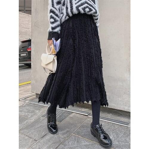Fashion Vintage Womens Knitted Skirt All-Match Mid-Length A-Line Tassel Thick Winter Sweater Pleated Femme Jupe 2021 y1028