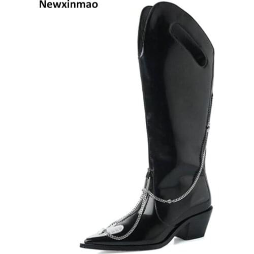 Fashion Design Genuine Leather Shoes Woman Heels 2021 New Square Heels Women Boots Party Working Knee High Boots