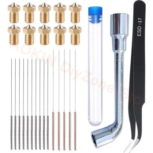 3D Printer M6 Brass Extruder Cleaning Kit 10pcs V6 V5 0.4mm Nozzles, 15Pcs Needles, 1pc Spanner & 1pc Tweezer for E3D Makerbot