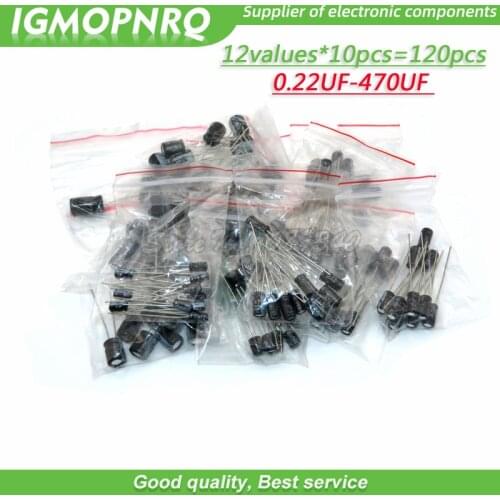 12values each 10pcs=120pcs 0.22UF-470UF Aluminum electrolytic capacitor component kit 50V0.22UF 50V1UF 50V22UF 50V10UF 16V33UF