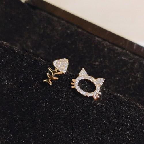 New Hundred Zircon Cute Cat Asymmetrical Earrings Sterling Silver Womens Jewelry Student Earrings Birthday Gift 925 Silver