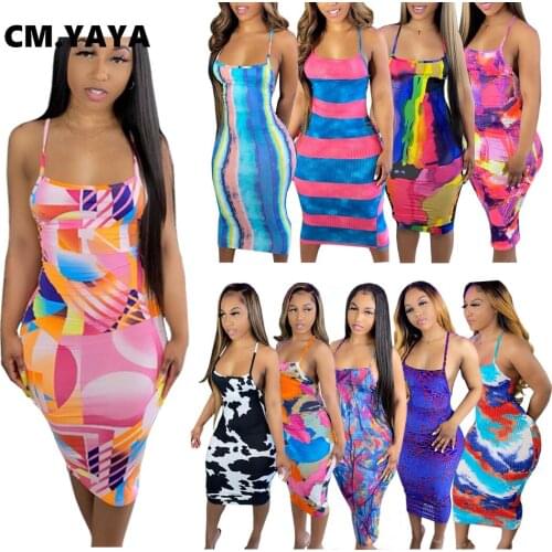 Lemon Gina Women Midi Dress Print Spaghetti Strap Sheath Elastic Knee Length Dresses Sexy Night Club Party Dress Summer Outfit