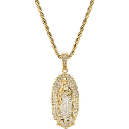 Gold Color Virgin Mary Pendant For Women Men Church Christian Prayer Jesus Necklace Hip Hop Crystal Religion Jewelry