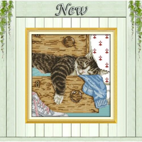 Lovely Little Lazy Cat,Handmade animal Home Decor,pattern print on cloth DMC 11CT 14CT Cross Stitch kit,Set needlework embroider