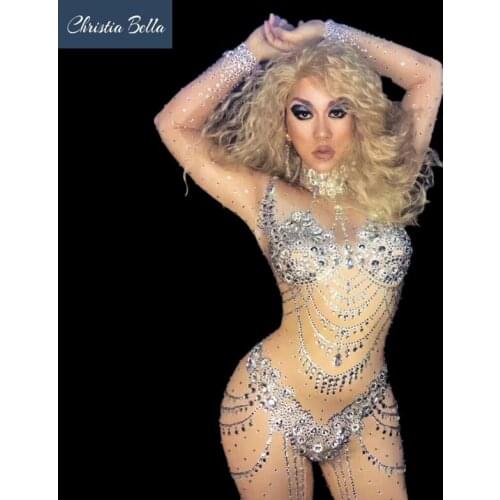 Sexy Silver Bikini Pattern Rhinestone Jumpsuit Sexy Party Leotard Nude Crystal Rompers Women Nightclub Singer Stage Costumes