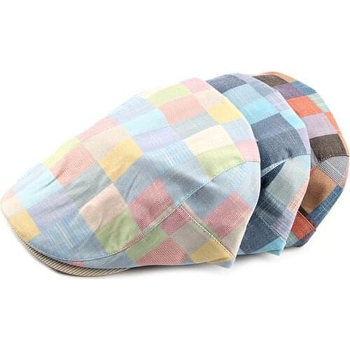 Fashion Men Women Plaid Cotton Newsboy Hat Flat Cap Adjustable Beret with Visor