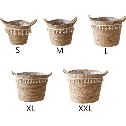 Nordic Handmade Straw Laundry Picnic Storage Basket Tassel Flower Pot Container