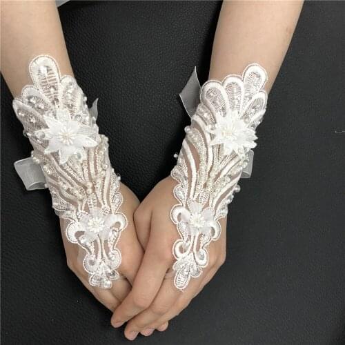 Bride wedding white gloves diamond hollow etiquette gloves embroidered lace gloves