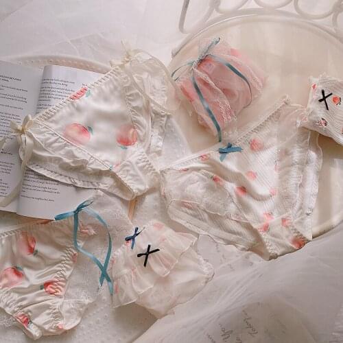 Japanese girl underwear cute sweet peach shorts female mesh cotton satin briefs cream peach